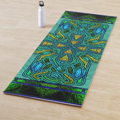 Stained Glass Celtic Cross in Deep Green Yoga Mat