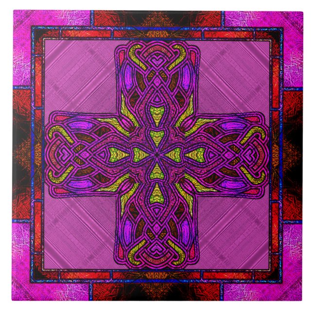 Stained Glass Celtic Cross in Pink and Purple Ceramic Tile (Front)