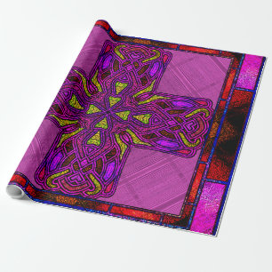 Stained Glass Celtic Cross in Pink and Purple Wrapping Paper