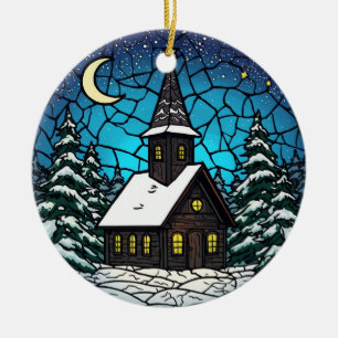 Stained Glass Chapel Winter Night Ceramic Ornament