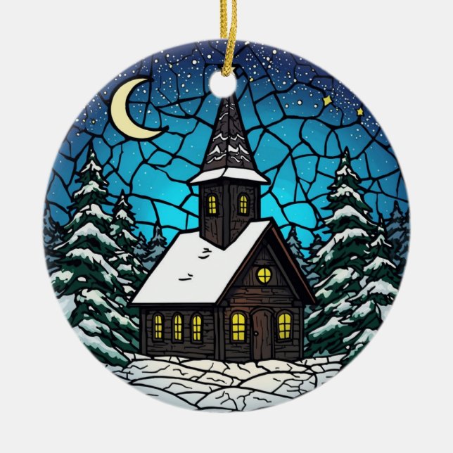 Stained Glass Chapel Winter Night Ceramic Ornament (Front)