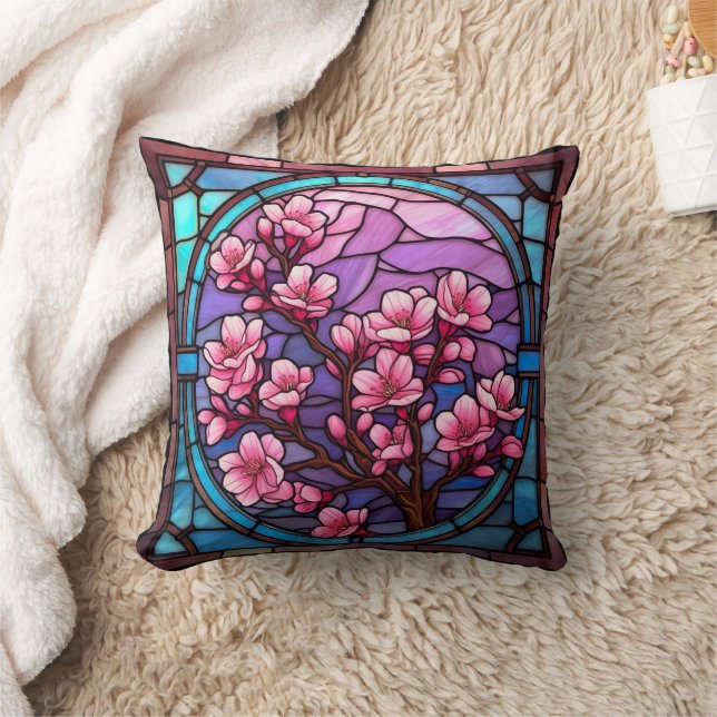 Stained Glass Cherry Blossoms Throw Pillow (Blanket)