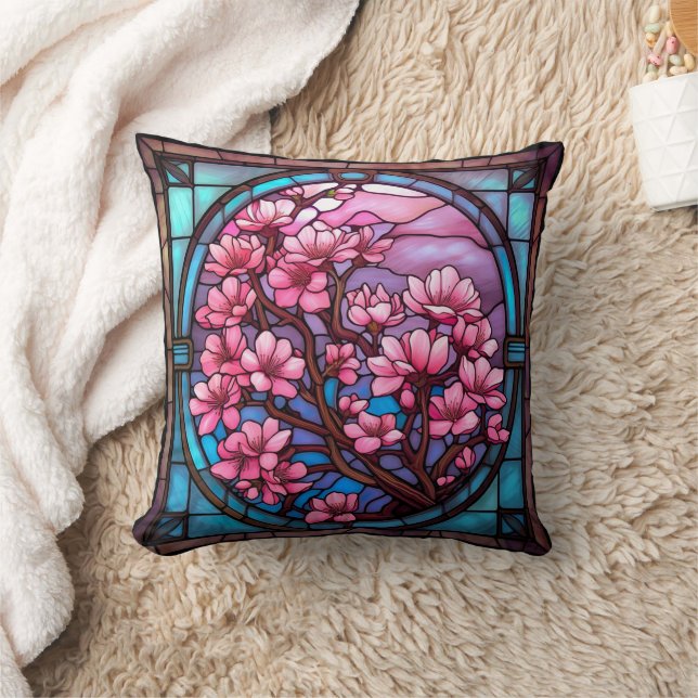 Stained Glass Cherry Blossoms Throw Pillow (Blanket)