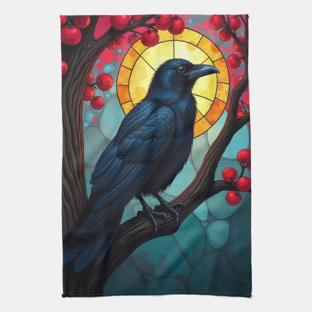 Stained Glass Cherry Tree Ravens-Crows Kitchen Towel (Vertical)