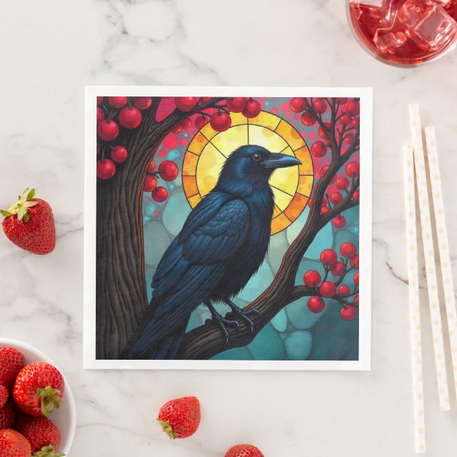 Stained Glass Cherry Tree Ravens-Crows  Paper Dinner Napkins (Insitu)