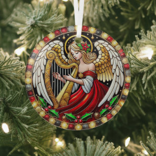 Stained Glass Christmas Angel playing a harp Ornament