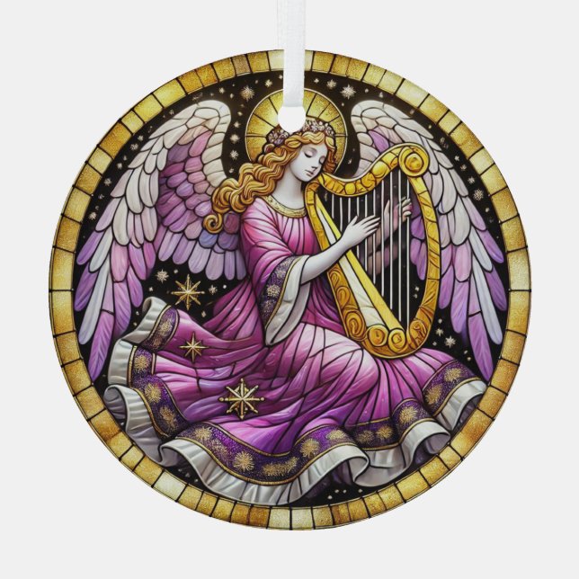 Stained Glass Christmas angel playing harp  Glass Ornament (Back)