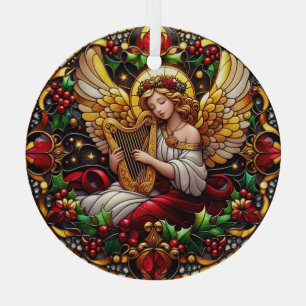 Stained Glass Christmas Angel with Golden Harp Ornament