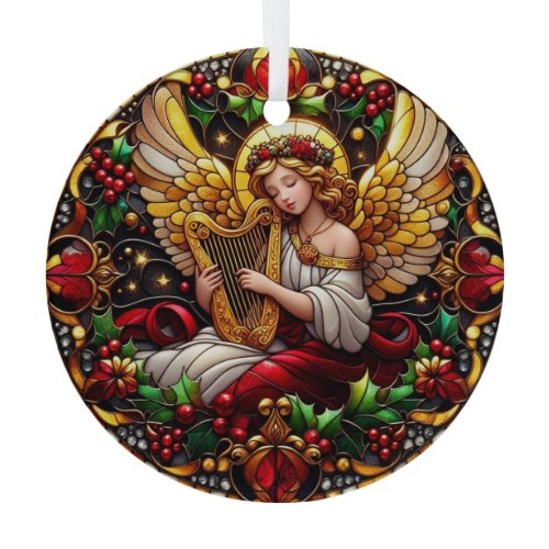 Stained Glass Christmas Angel with Golden Harp Ornament