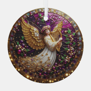 Stained Glass Christmas Angel with Golden Harp Ornament