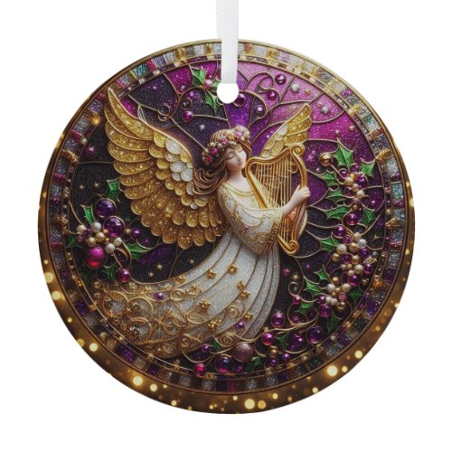 Stained Glass Christmas Angel with Golden Harp Ornament