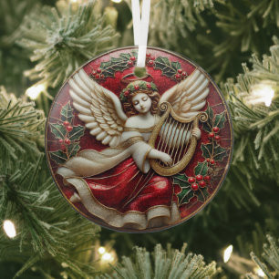 Stained Glass Christmas angel with harp and holly Ornament