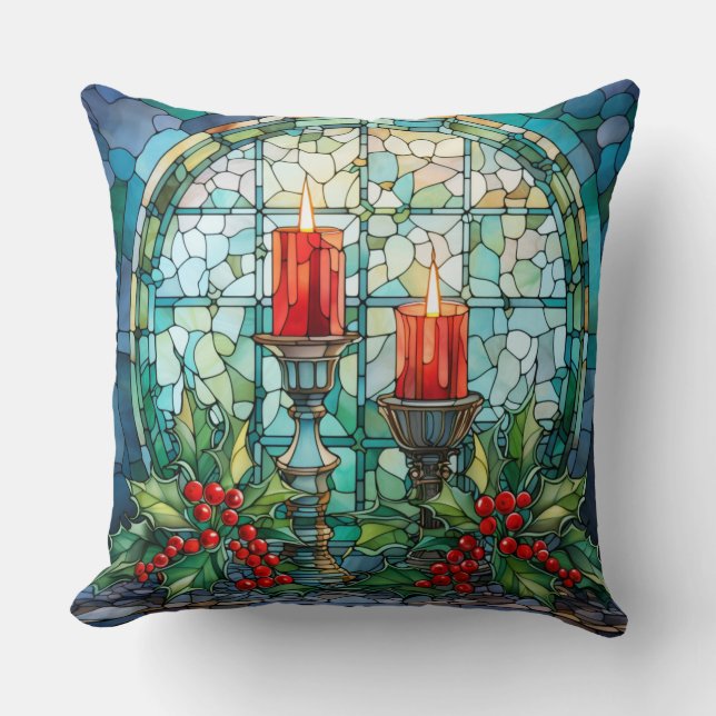 Stained Glass Christmas – Artistic Holiday Decor Throw Pillow (Front)