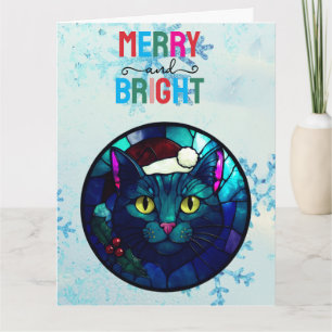 Stained-Glass Christmas Black Cat In Red Hat Card