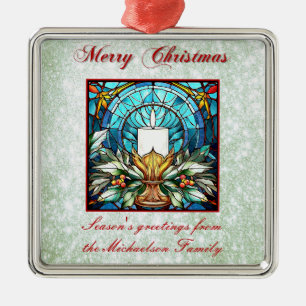Stained Glass Christmas Candle Holly Green Glitter Metal Ornament