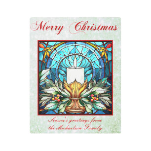 Stained Glass Christmas Candle Holly Green Glitter Metal Print