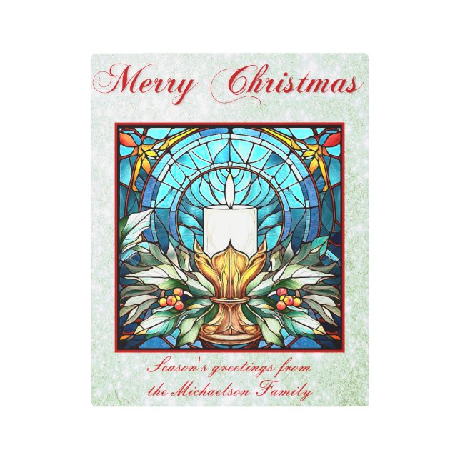 Stained Glass Christmas Candle Holly Green Glitter Metal Print (Front)