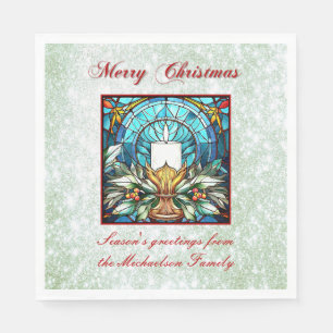 Stained Glass Christmas Candle Holly Green Glitter Napkins