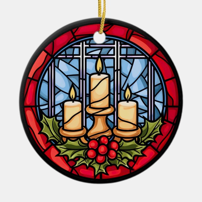 Stained Glass Christmas Candles  Ceramic Ornament (Front)