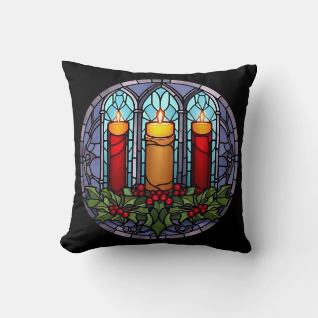 Stained Glass Christmas Candles  Throw Pillow (Front)
