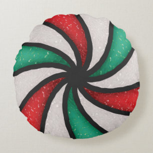Stained Glass Christmas Candy Peppermint Mint Round Pillow