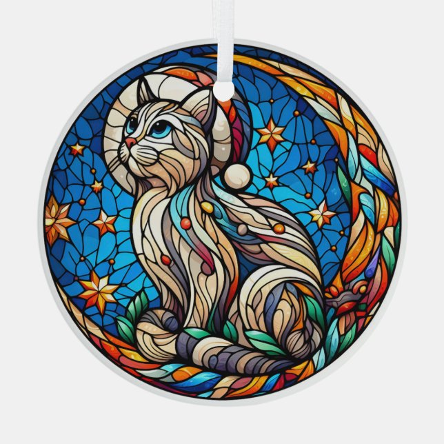 Stained Glass Christmas cat and crescent moon Glass Ornament (Back)