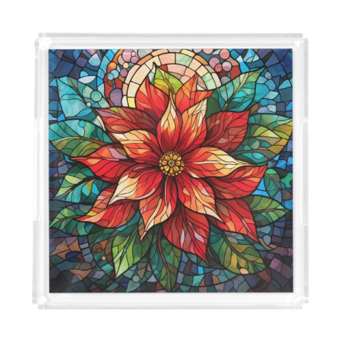 Stained Glass Christmas Flower red Poinsettia Acrylic Tray