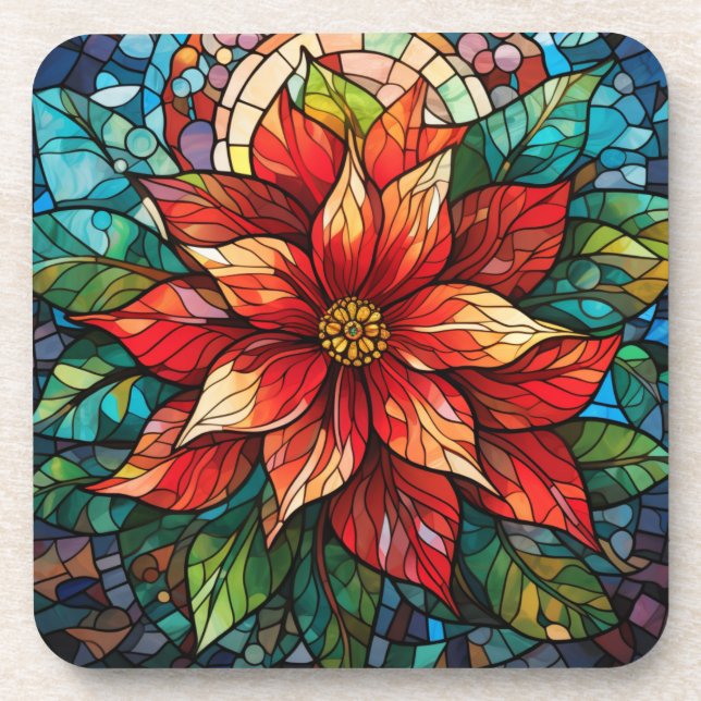 Stained Glass Christmas Flower red Poinsettia Beverage Coaster (Front)