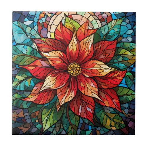 Stained Glass Christmas Flower red Poinsettia Ceramic Tile