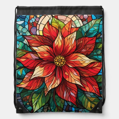 Stained Glass Christmas Flower red Poinsettia Drawstring Bag
