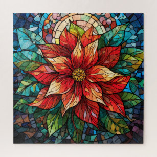 Stained Glass Christmas Flower red Poinsettia Jigsaw Puzzle