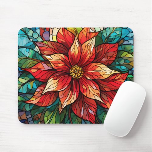 Stained Glass Christmas Flower red Poinsettia Mouse Pad
