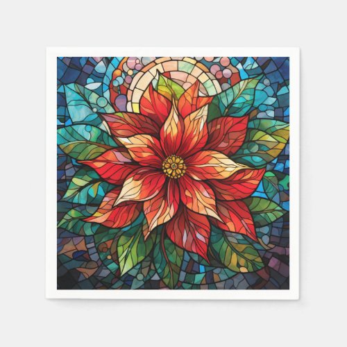 Stained Glass Christmas Flower red Poinsettia Napkins