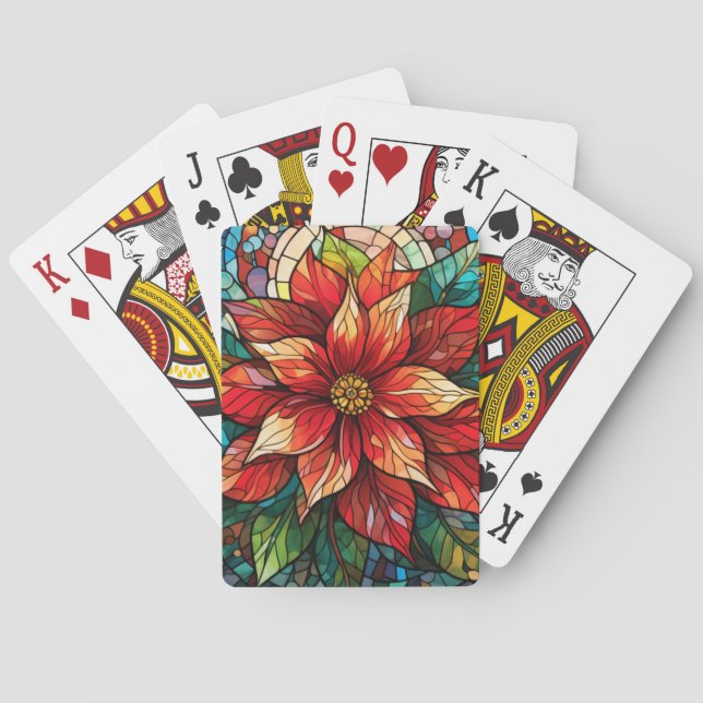 Stained Glass Christmas Flower red Poinsettia Poker Cards (Back)