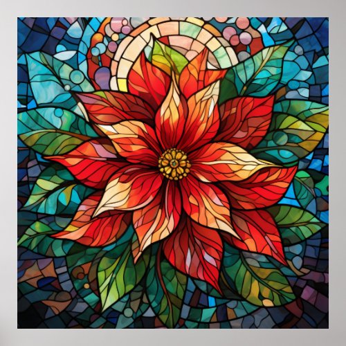 Stained Glass Christmas Flower red Poinsettia Poster