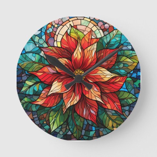 Stained Glass Christmas Flower red Poinsettia Round Clock