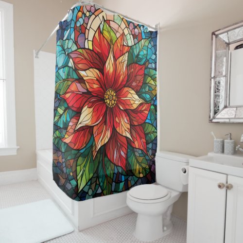Stained Glass Christmas Flower red Poinsettia Shower Curtain