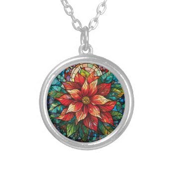 Stained Glass Christmas Flower Red Poinsettia Silver Plated Necklace by Seamless_Pattern at Zazzle