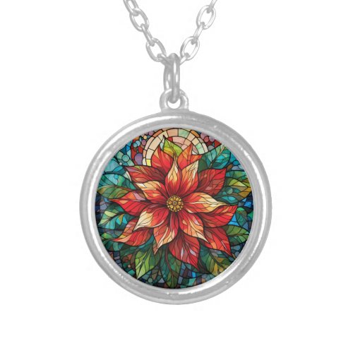 Stained Glass Christmas Flower red Poinsettia Silver Plated Necklace