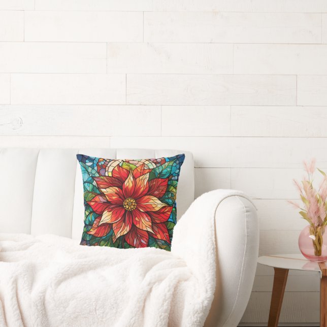 Stained Glass Christmas Flower red Poinsettia Throw Pillow (Couch)