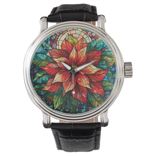 Stained Glass Christmas Flower red Poinsettia Watch