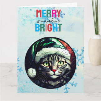 Stained-Glass Christmas Grey Tabby In Green Hat Card
