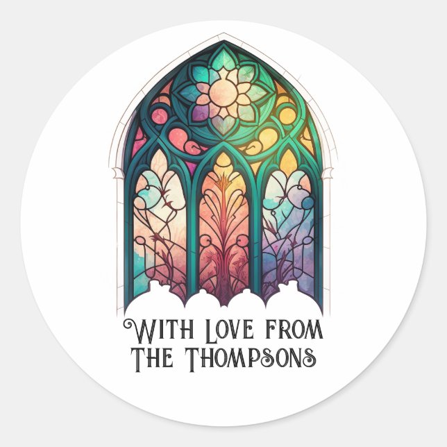 Stained Glass Christmas Holiday Personalized Classic Round Sticker (Front)