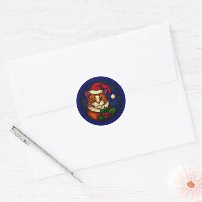Stained-Glass Christmas Orange Tabby Cat Classic Round Sticker (Envelope)