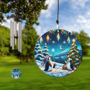 Stained Glass Christmas Penguins Wind Chime