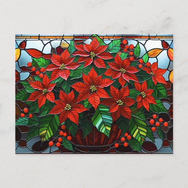 Stained Glass Christmas Poinsettia Flowers Holiday Postcard (Front)