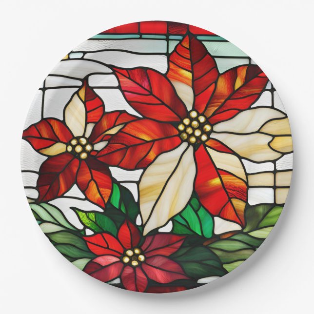 Stained Glass Christmas Poinsettia Flowers  Paper Plates (Front)