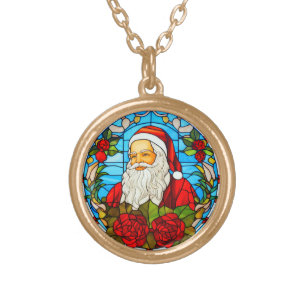 Stained Glass Christmas - Santa 3D Ornament-67673 Gold Plated Necklace
