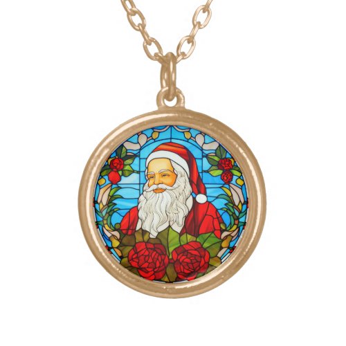 Stained Glass Christmas _ Santa 3D Ornaments_3 Gold Plated Necklace