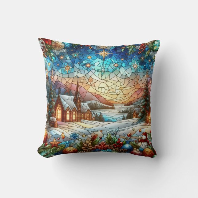 Stained Glass Christmas Scene Throw Pillow (Front)